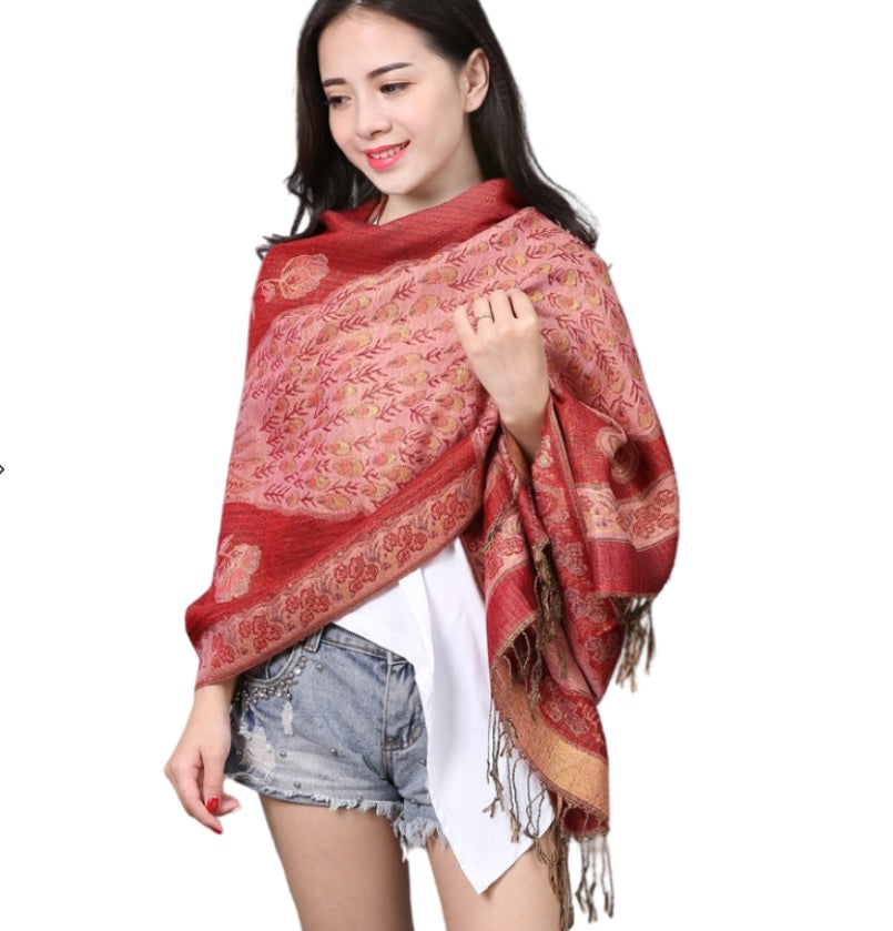 Women's warm double layer  pashmina peacock  pattern Shawl Wrap Scarf stole  w/Fringe