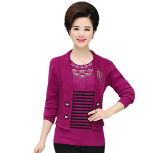 Women's Long Sleeve crewneck Fake Two Pieces shiny embroidery  knitted casual slim sweater