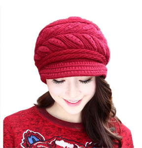 Women's solid visor  chunky knit Warm fleece lined Hats rabbit fur Snow Ski Caps