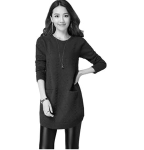 Women's  crewneck  diamond lattice  long sweater with pocket  knitted pullover for legging