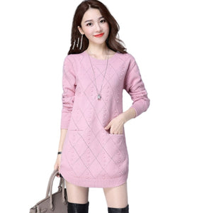 Women's  crewneck  diamond lattice  long sweater with pocket  knitted pullover for legging