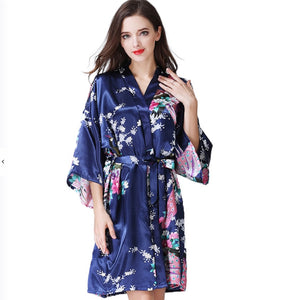 Women's long Peacock Blossoms pattern kimono Printed  Nightdress robe