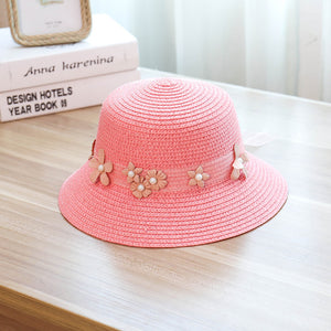 Women's  summer floral pearls  Straw Panama bucket Hat  Beach Sun caps