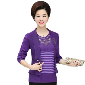 Women's Long Sleeve crewneck Fake Two Pieces shiny embroidery  knitted casual slim sweater