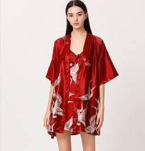 Load image into Gallery viewer, Women‘s V-neck  short Kimono Satin Dressing Gown Crane and Blossoms Sleep Lounge Nightwear  Bride Bridesmaid Robe
