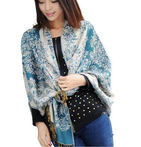 Women's warm double layer  pashmina floral pattern Shawl Wrap Scarf stole  w/Fringe