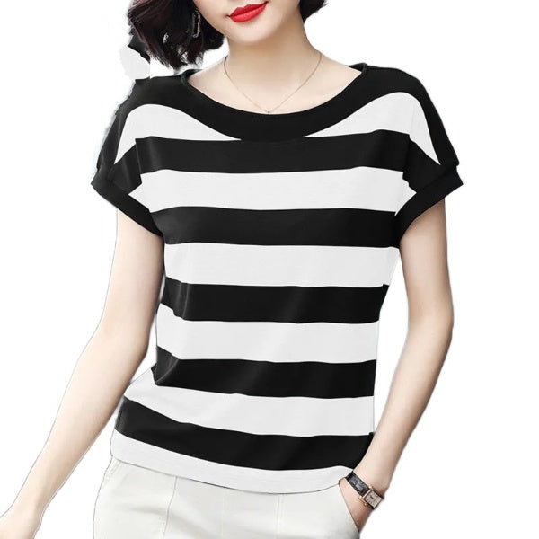 Women's Summer wide stripe crewneck short sleeve T-shirt causal blouses