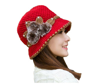 Women‘s warm  chunky cable Crocheted bucket hats solid fur floral  casual caps